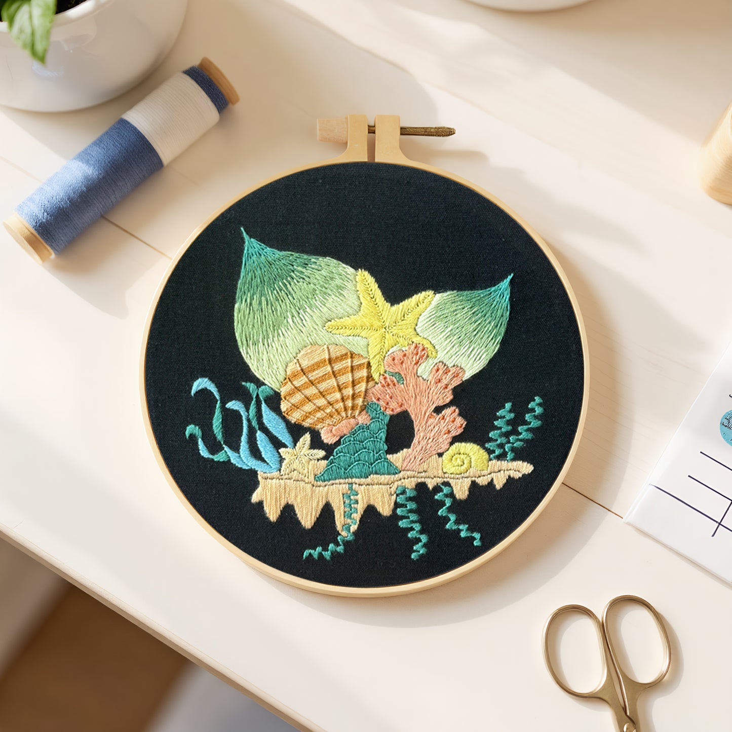 Pastel Seabed Garden - DIY Embroidery Cross Stitch Kit with Pattern Cotton Threads Needles Hoop 30x30CM/11.81x11.81in