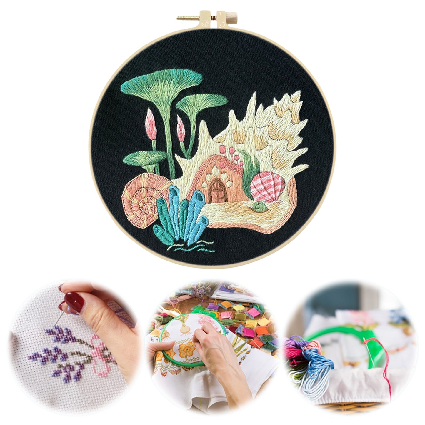 Undersea Fairy Hut - DIY Embroidery Cross Stitch Kit with Pattern Cotton Threads Needles Hoop 30x30CM/11.81x11.81in