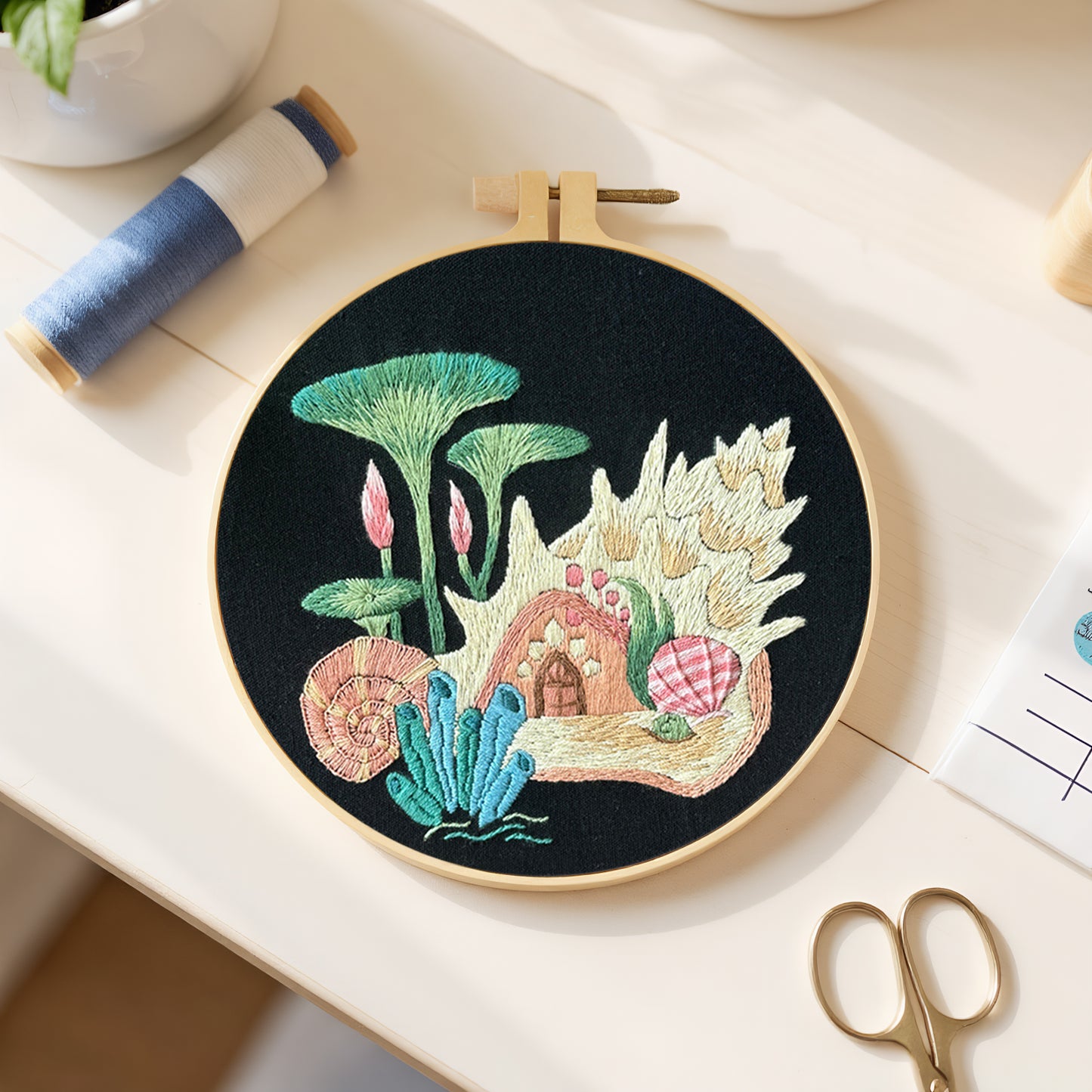 Undersea Fairy Hut - DIY Embroidery Cross Stitch Kit with Pattern Cotton Threads Needles Hoop 30x30CM/11.81x11.81in