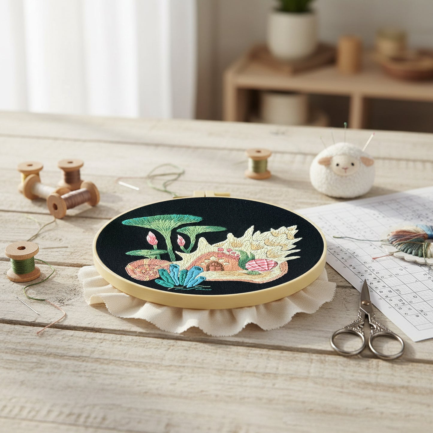 Undersea Fairy Hut - DIY Embroidery Cross Stitch Kit with Pattern Cotton Threads Needles Hoop 30x30CM/11.81x11.81in