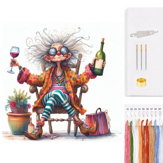 Grandma Drinking Wine - Full 11CT Counted Cross Stitch 40x40CM - Yishu