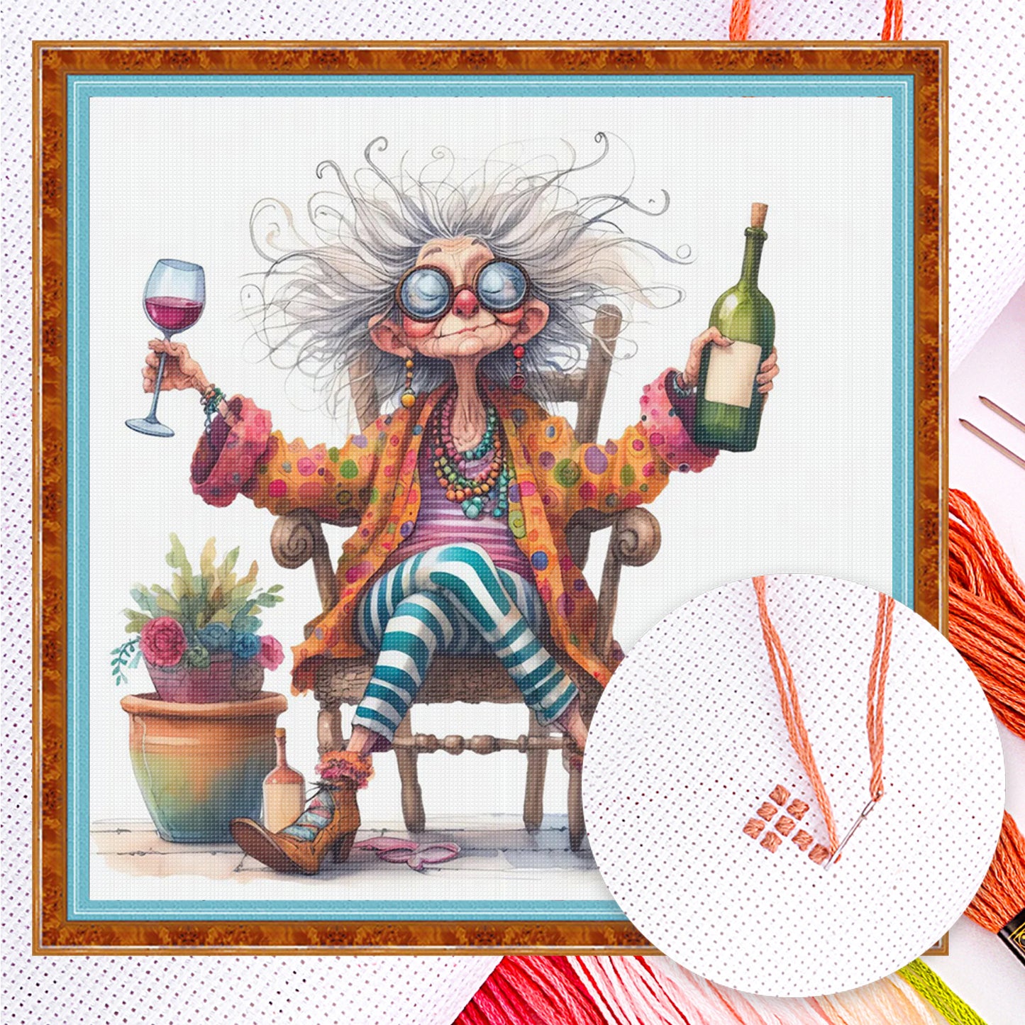 Grandma Drinking Wine - Full 11CT Counted Cross Stitch 40x40CM - Yishu