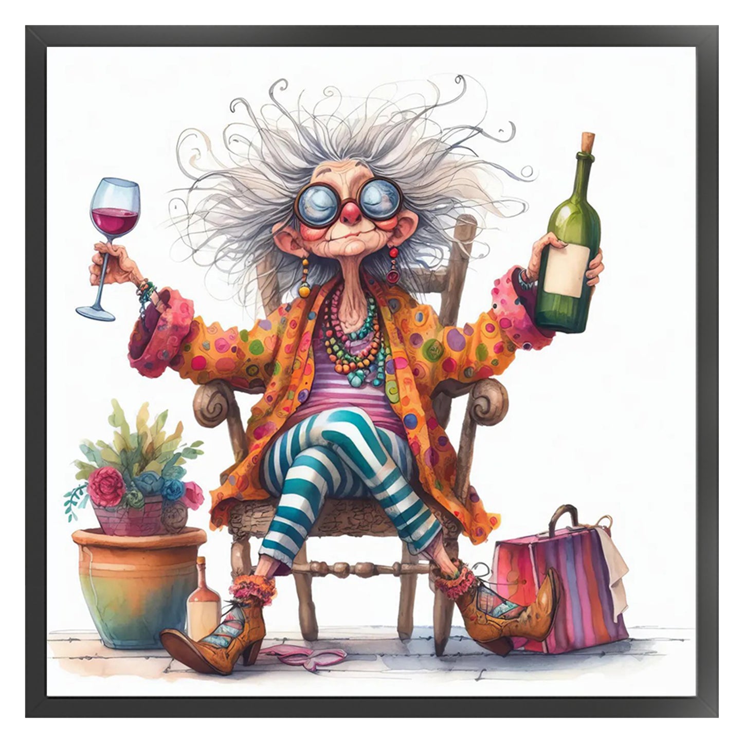 Grandma Drinking Wine - Full 11CT Counted Cross Stitch 40x40CM - Yishu