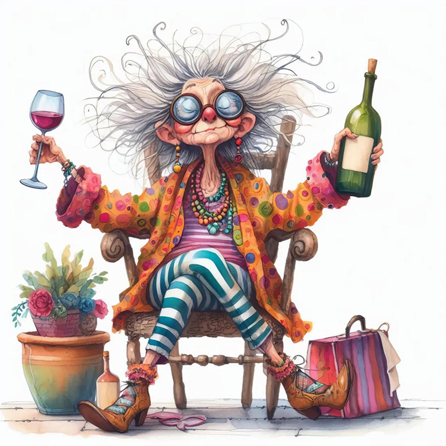 Grandma Drinking Wine - Full 11CT Counted Cross Stitch 40x40CM - Yishu
