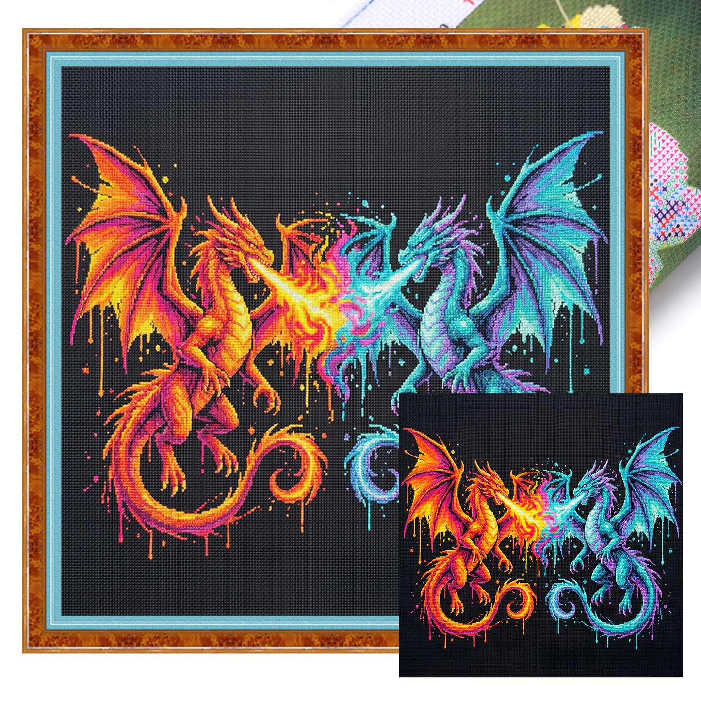 Dual Dragons - Full 14CT Stamped Cross Stitch 30x30CM - Huacan