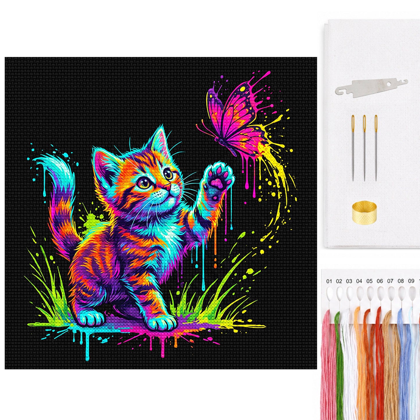 Kitten Butterfly - Full 14CT Counted Cross Stitch 30x30CM - Yishu