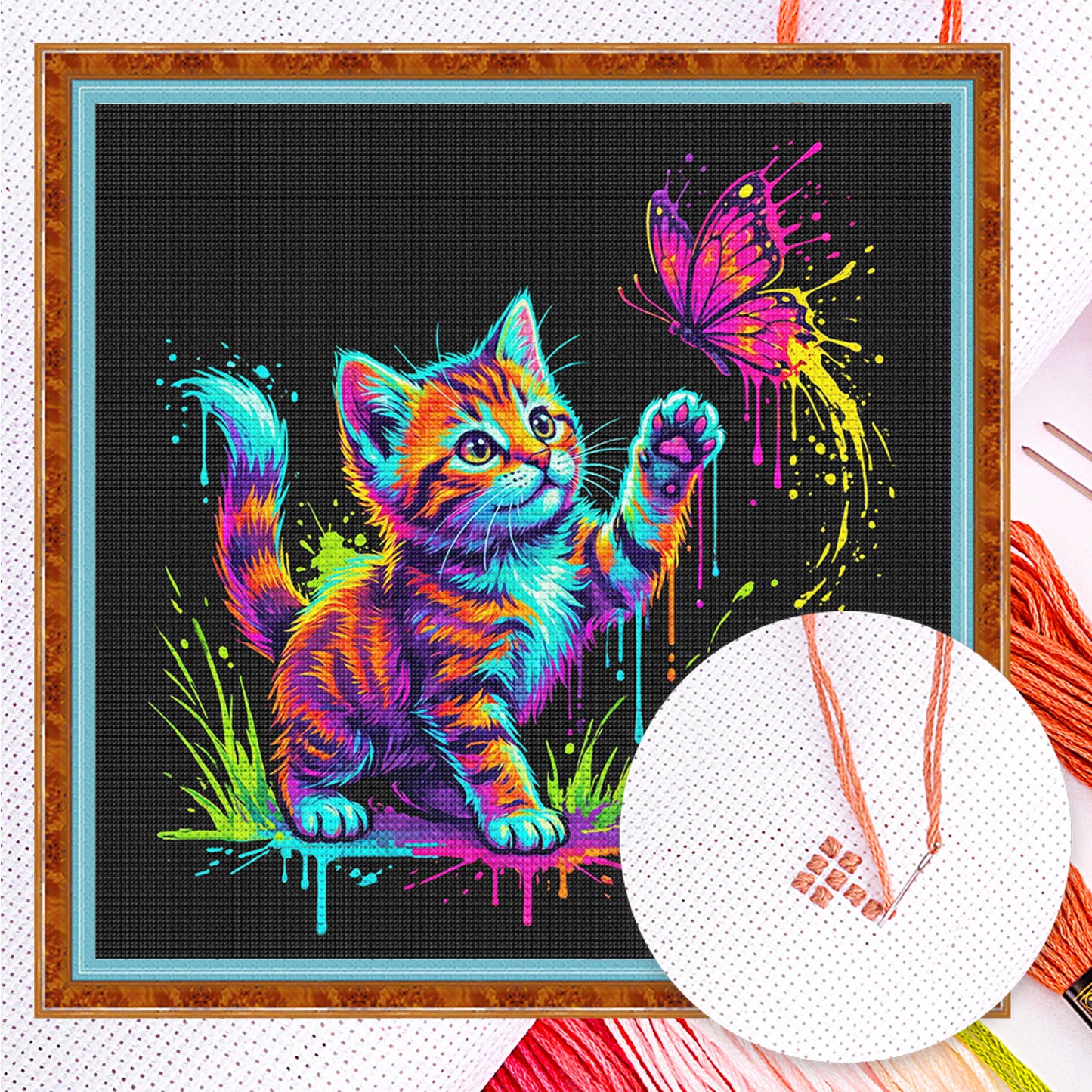 Kitten Butterfly - Full 14CT Counted Cross Stitch 30x30CM - Yishu
