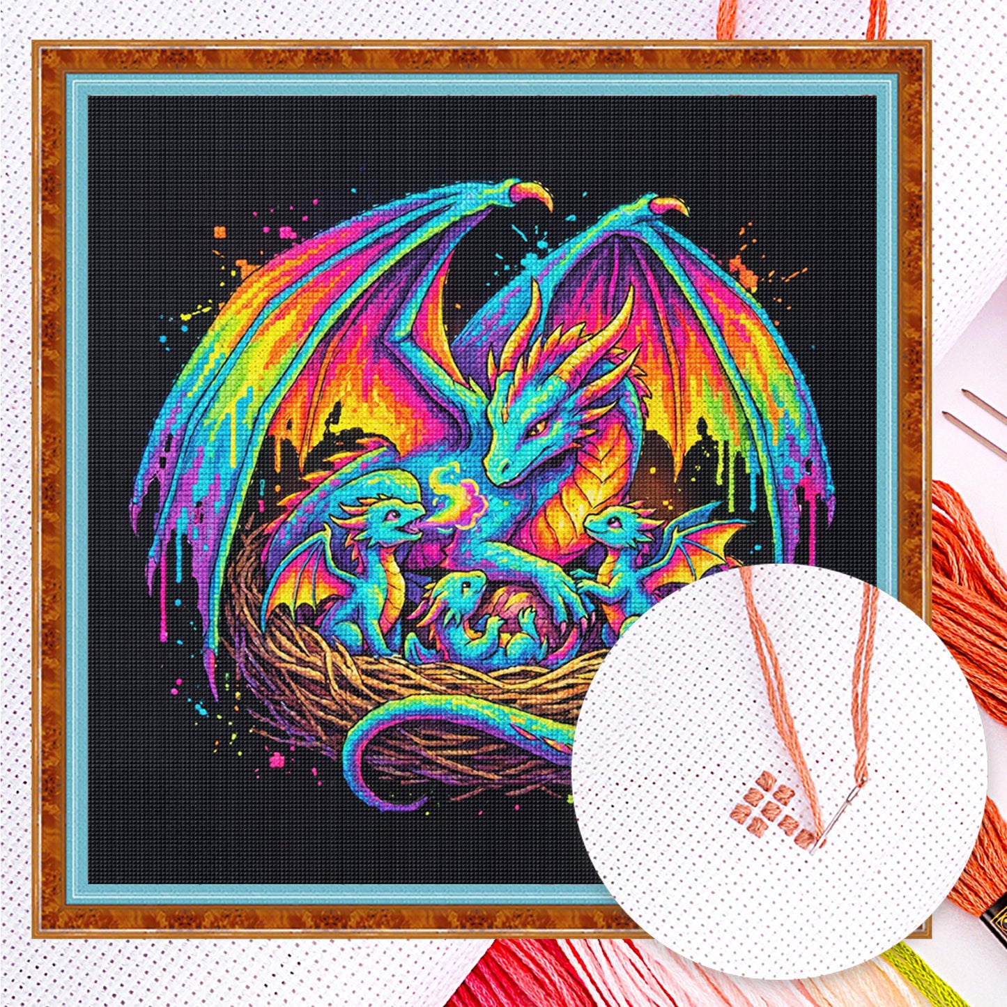 Dragon Family - Full 14CT Counted Cross Stitch 30x30CM - Yishu