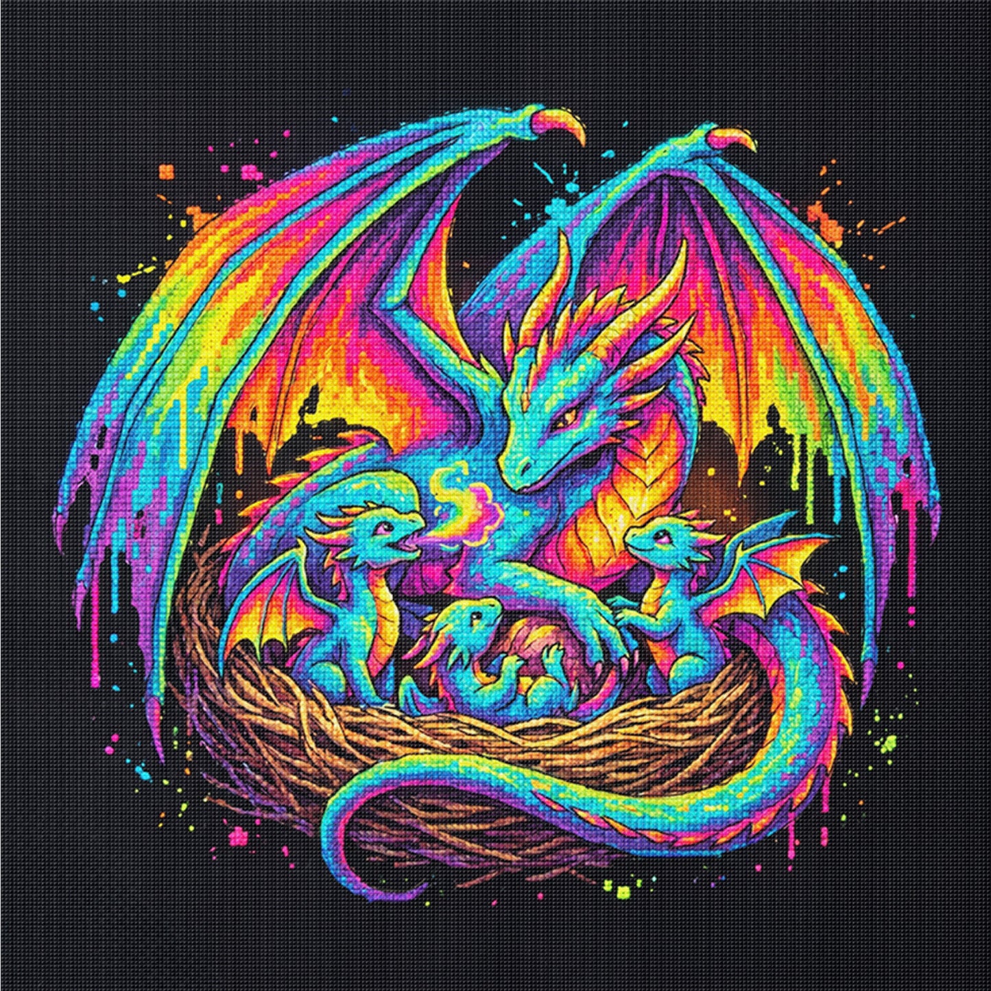 Dragon Family - Full 14CT Counted Cross Stitch 30x30CM - Yishu