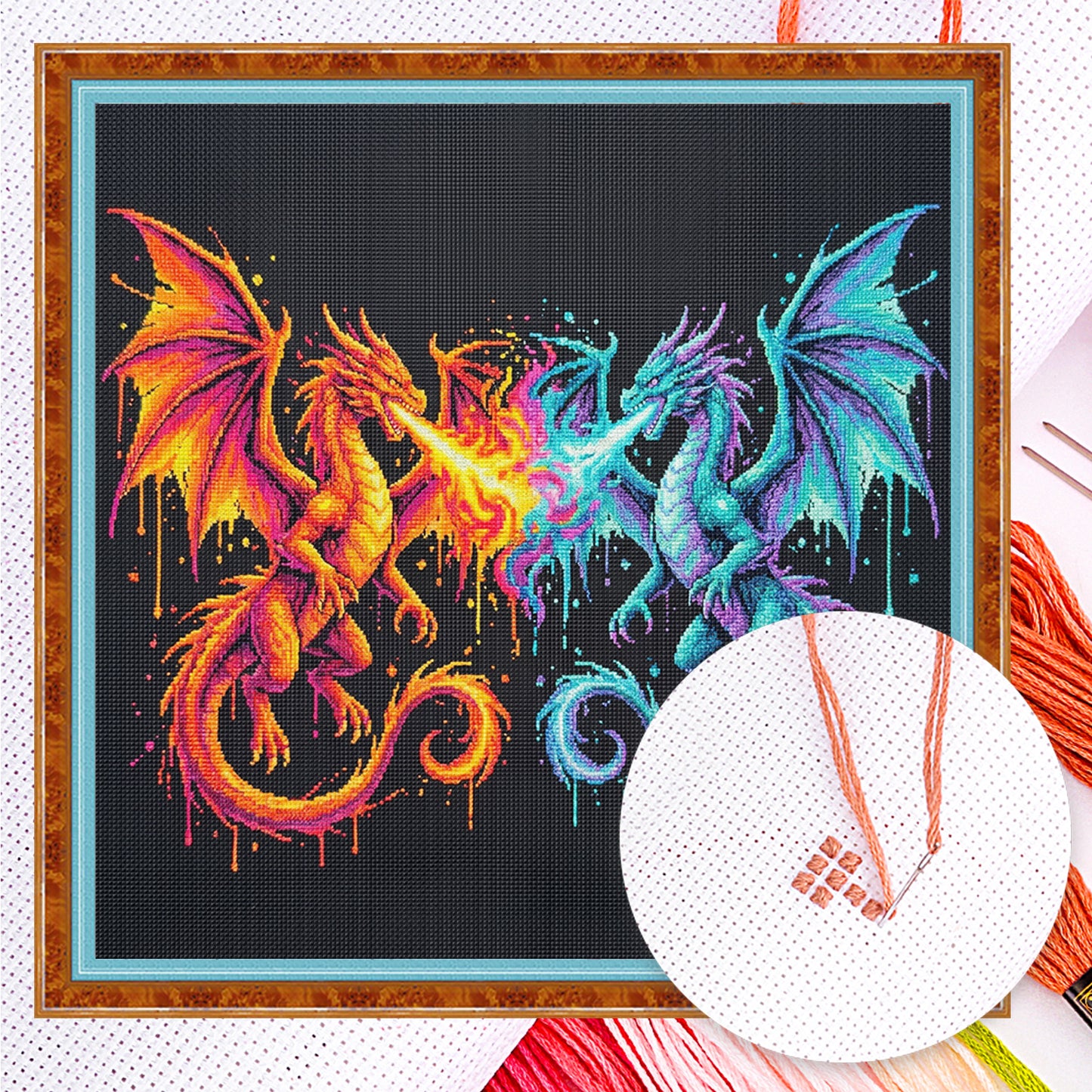 Dual Dragons - Full 14CT Counted Cross Stitch 30x30CM - Yishu