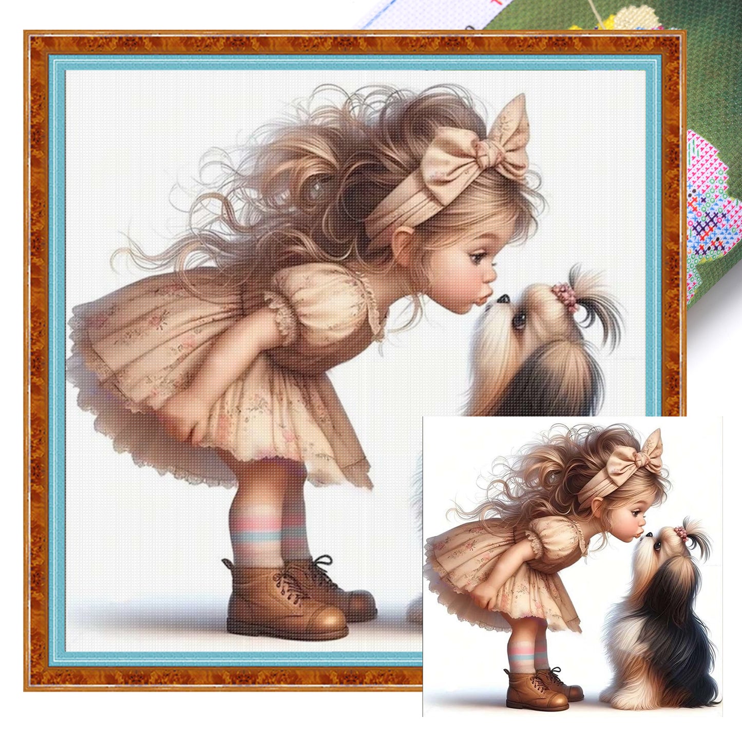 Shih Tzu And Girl - Full 11CT Stamped Cross Stitch 45x45CM - Huacan