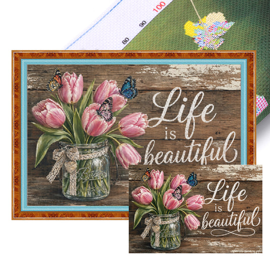 Tulip Vase With Proverbs - Full 11CT Stamped Cross Stitch 60x40CM - Huacan