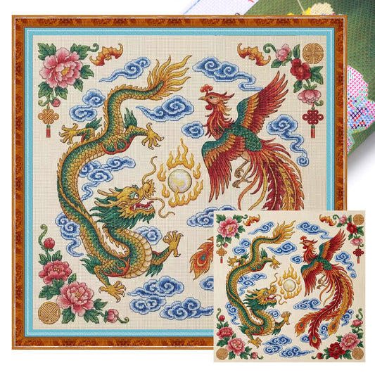 Dragon And Phoenix Auspicious - Full 14CT Stamped Cross Stitch 45x45CM - Huacan