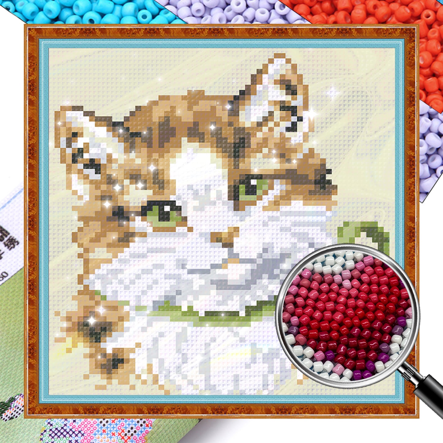 Tabby Cat - Full  9CT Stamped Cross Stitch - Bead Embroidery 17x18CM/6.69x7.09in