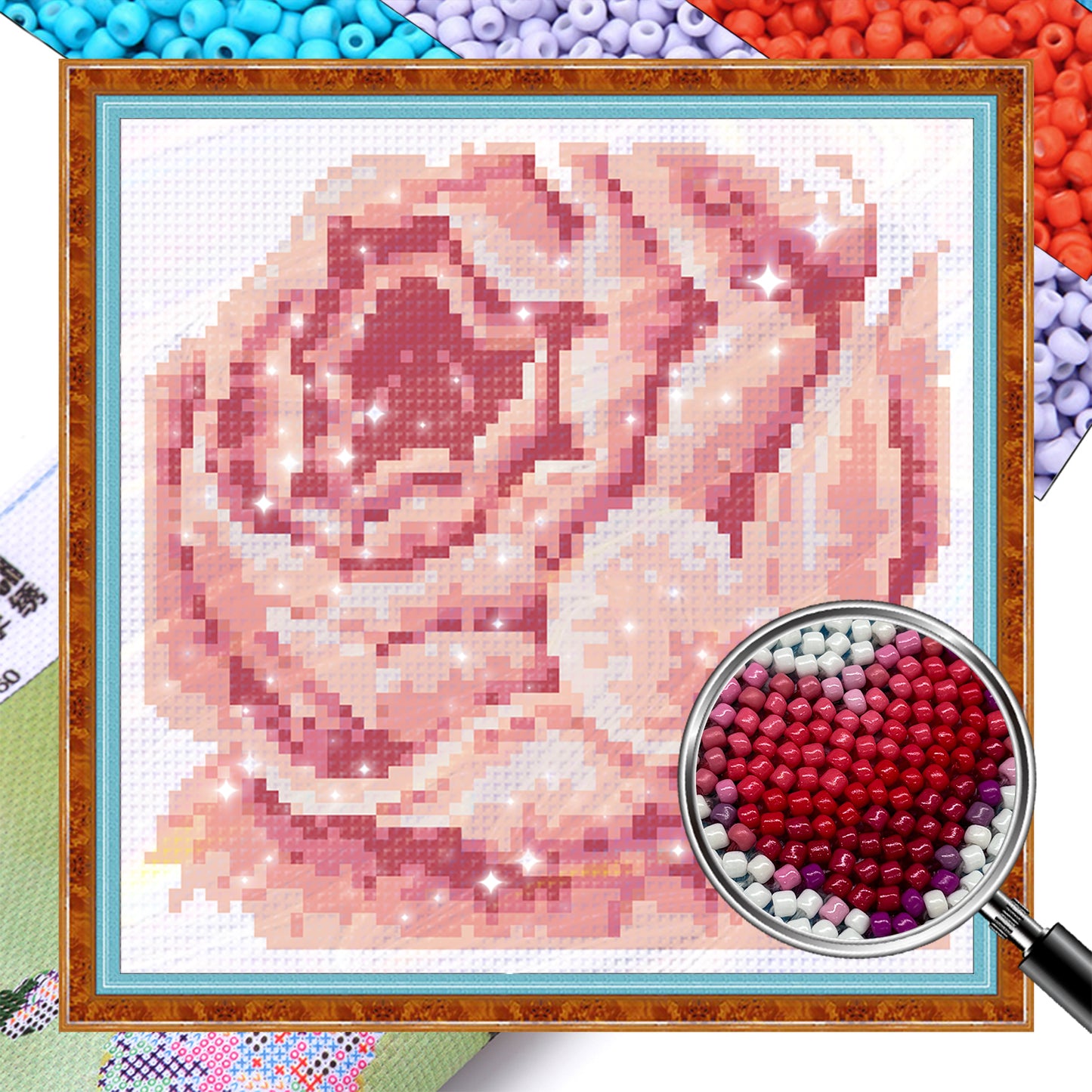 Pink Rose - Full  9CT Stamped Cross Stitch - Bead Embroidery 20x20CM/7.87x7.87in