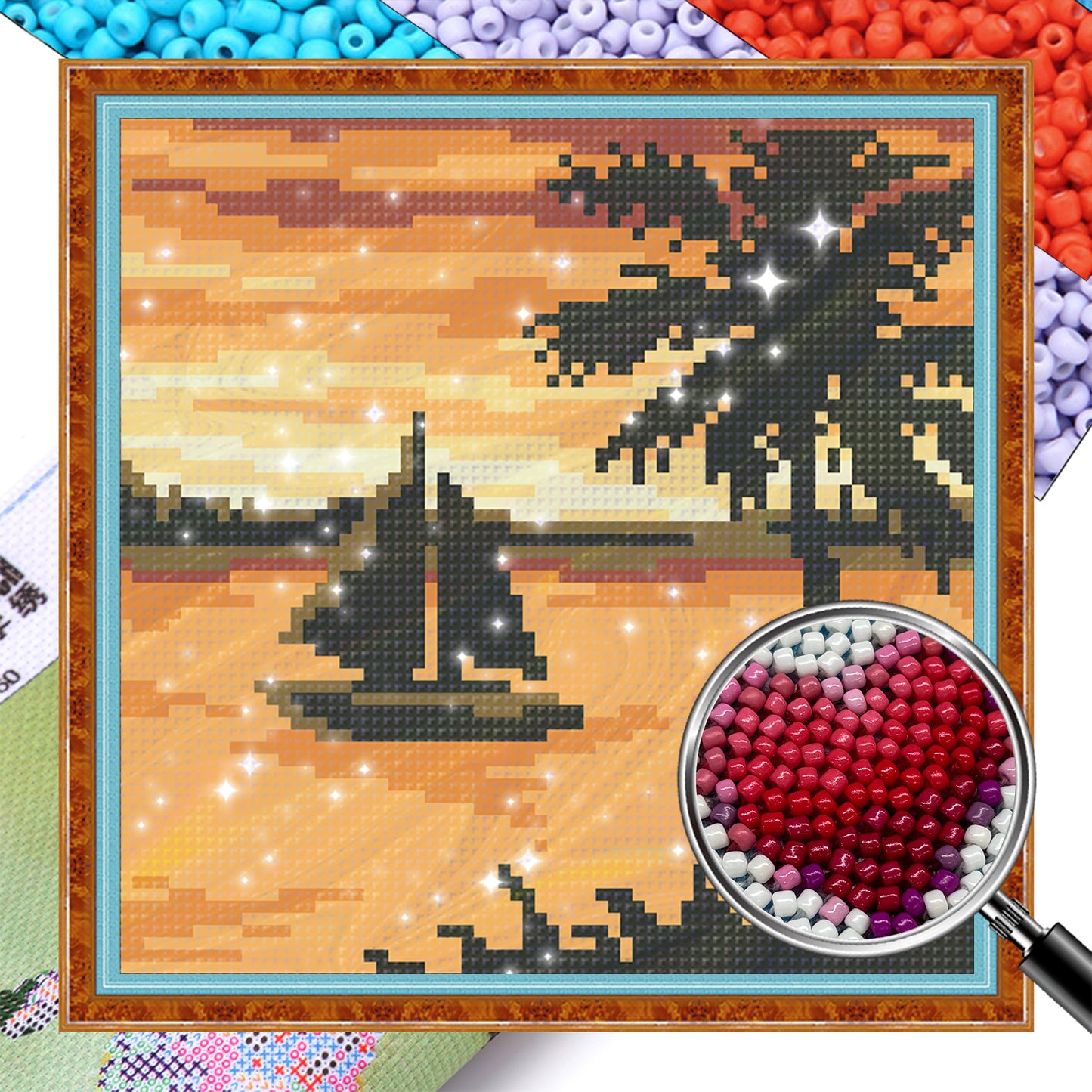 Sunset Sailboat - Full  9CT Stamped Cross Stitch - Bead Embroidery 20x20CM/7.87x7.87in