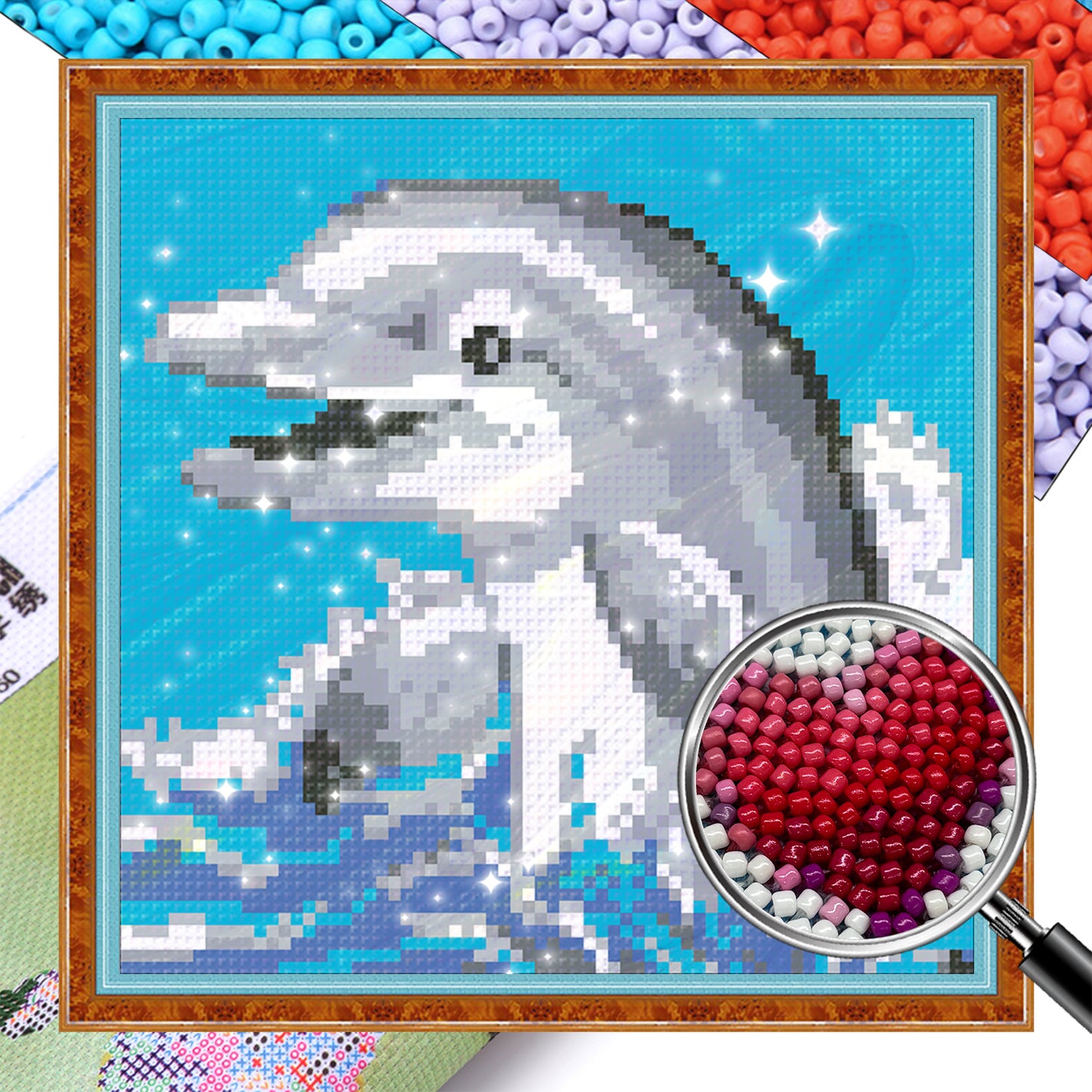 Dolphin - Full  9CT Stamped Cross Stitch - Bead Embroidery 20x20CM/7.87x7.87in