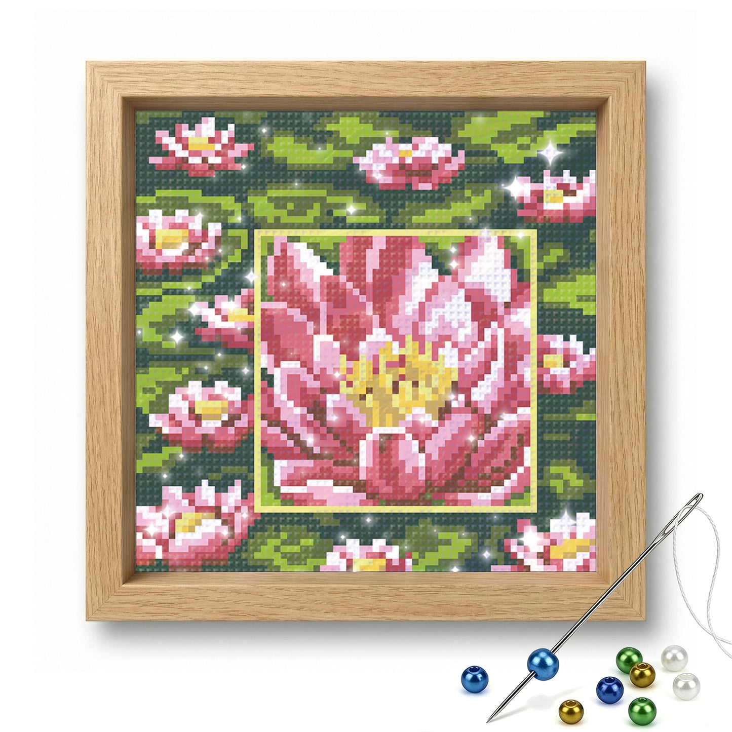 Pink Lotus - Full  9CT Stamped Cross Stitch - Bead Embroidery 20x20CM/7.87x7.87in