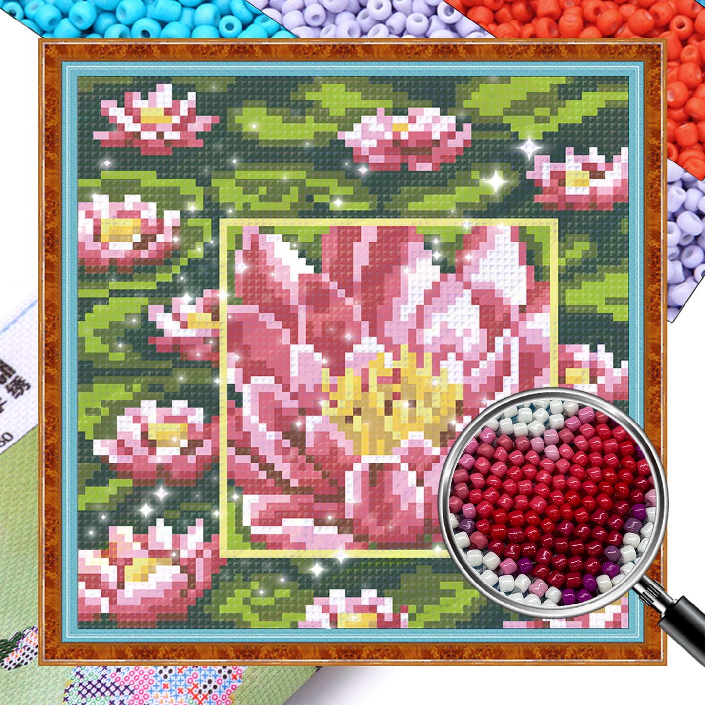 Pink Lotus - Full  9CT Stamped Cross Stitch - Bead Embroidery 20x20CM/7.87x7.87in