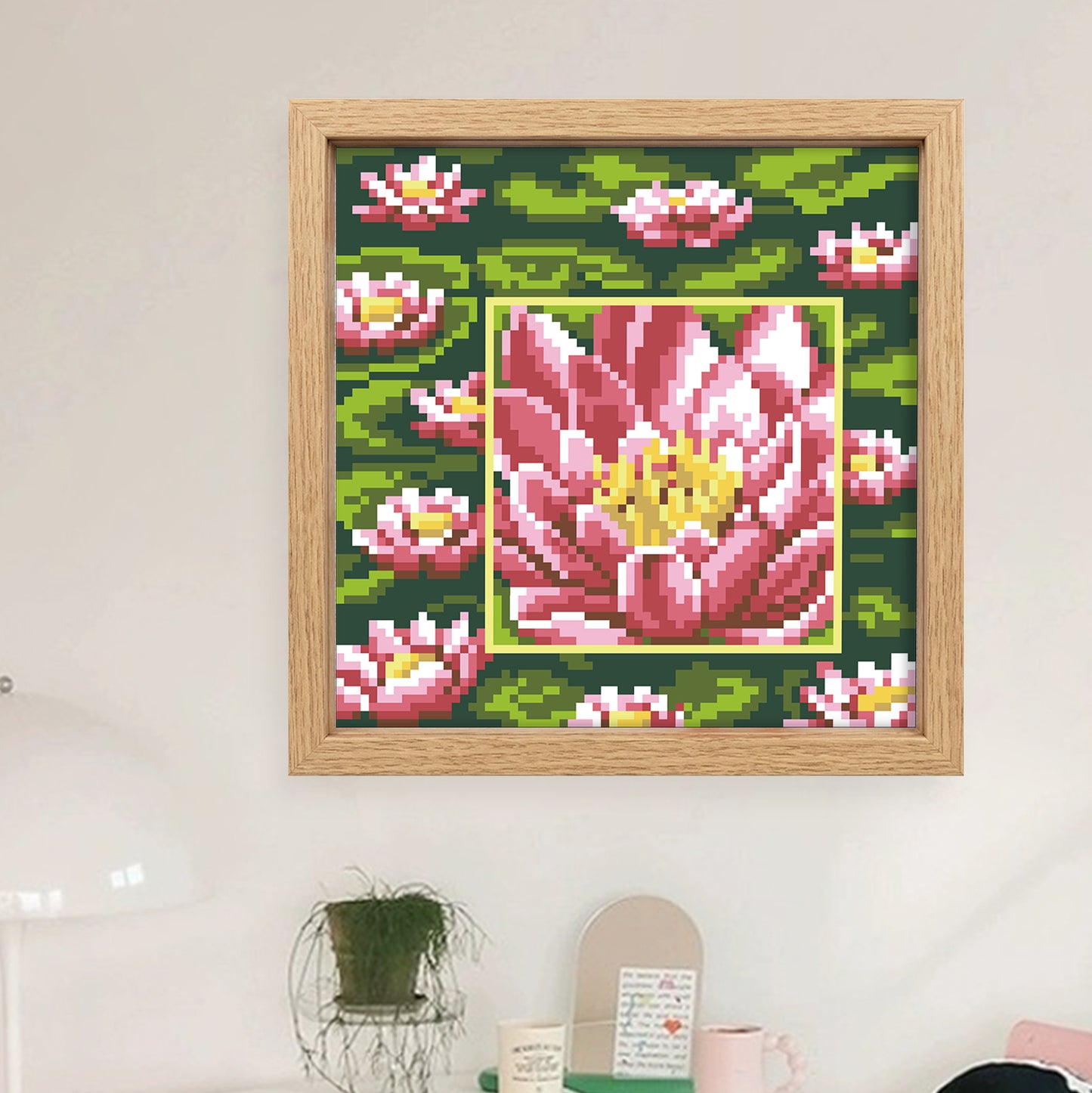 Pink Lotus - Full  9CT Stamped Cross Stitch - Bead Embroidery 20x20CM/7.87x7.87in