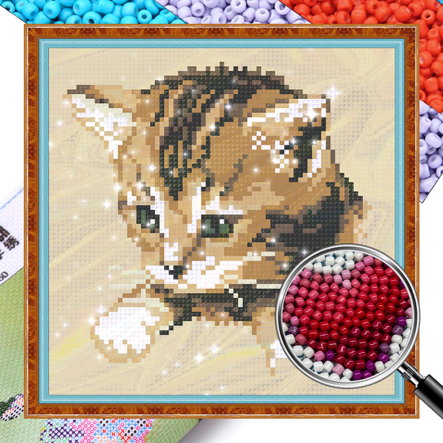 Tabby Kitten - Full  9CT Stamped Cross Stitch - Bead Embroidery 20x20CM/7.87x7.87in
