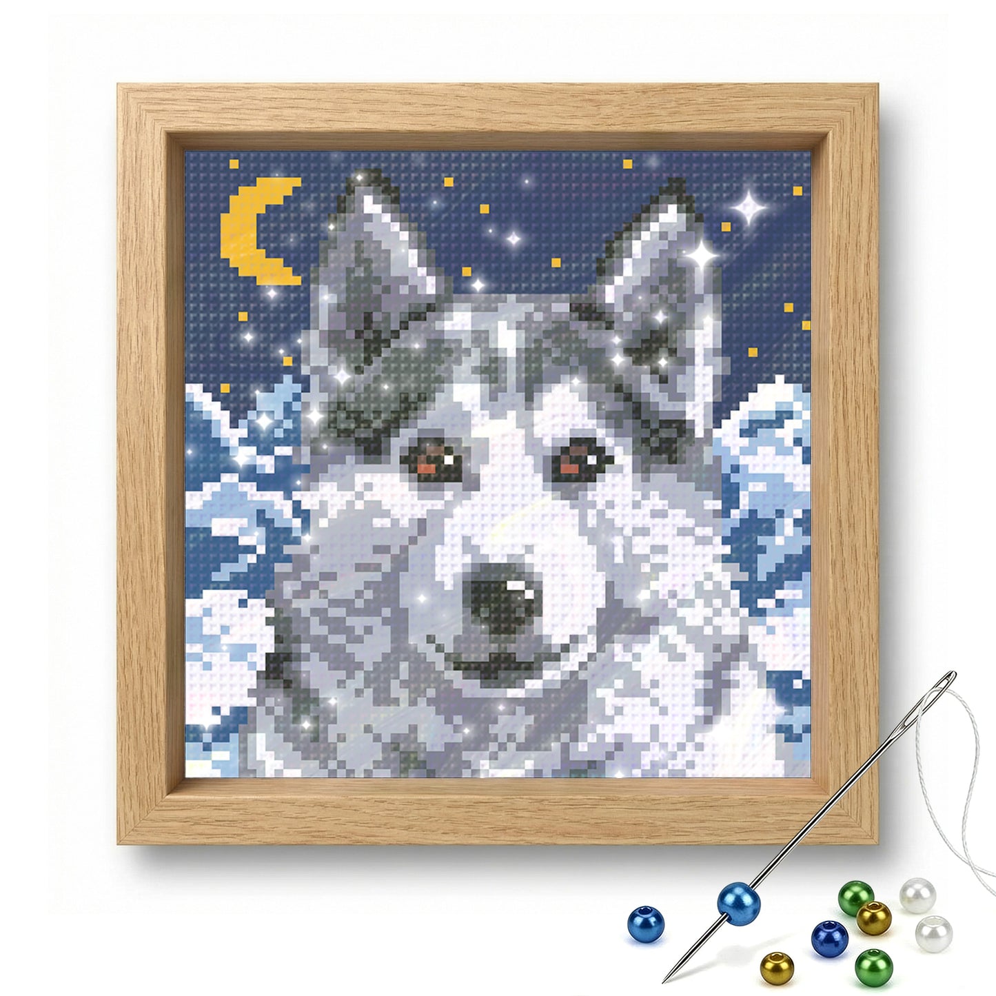 Husky at Night - Full  9CT Stamped Cross Stitch - Bead Embroidery 20x20CM/7.87x7.87in