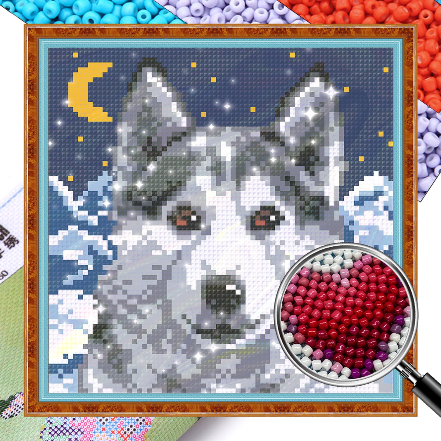 Husky at Night - Full  9CT Stamped Cross Stitch - Bead Embroidery 20x20CM/7.87x7.87in
