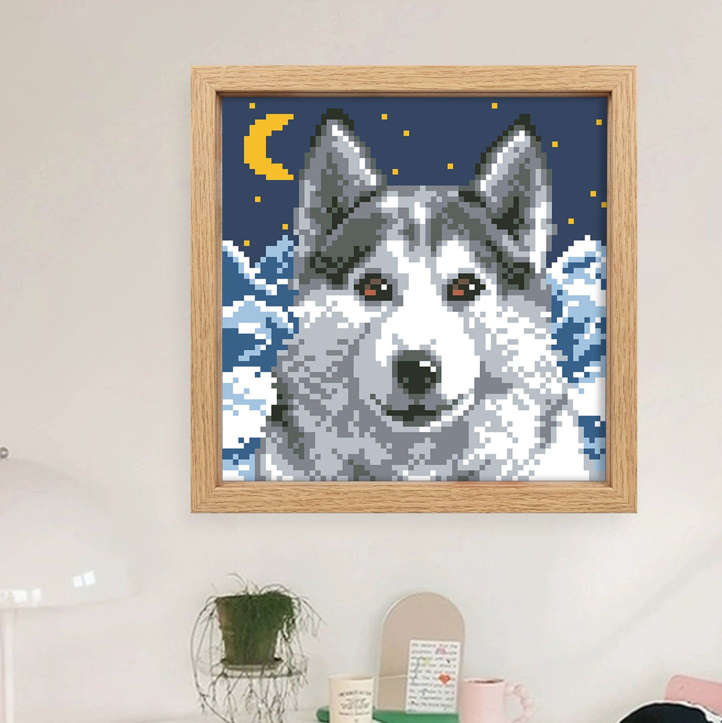 Husky at Night - Full  9CT Stamped Cross Stitch - Bead Embroidery 20x20CM/7.87x7.87in