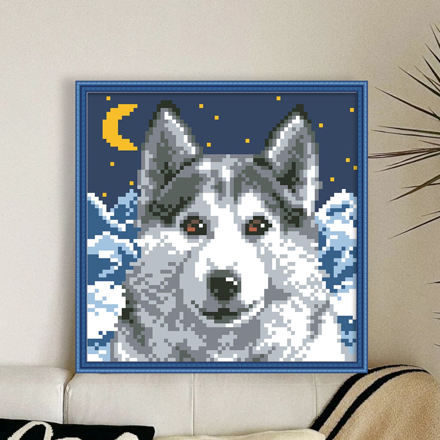 Husky at Night - Full  9CT Stamped Cross Stitch - Bead Embroidery 20x20CM/7.87x7.87in