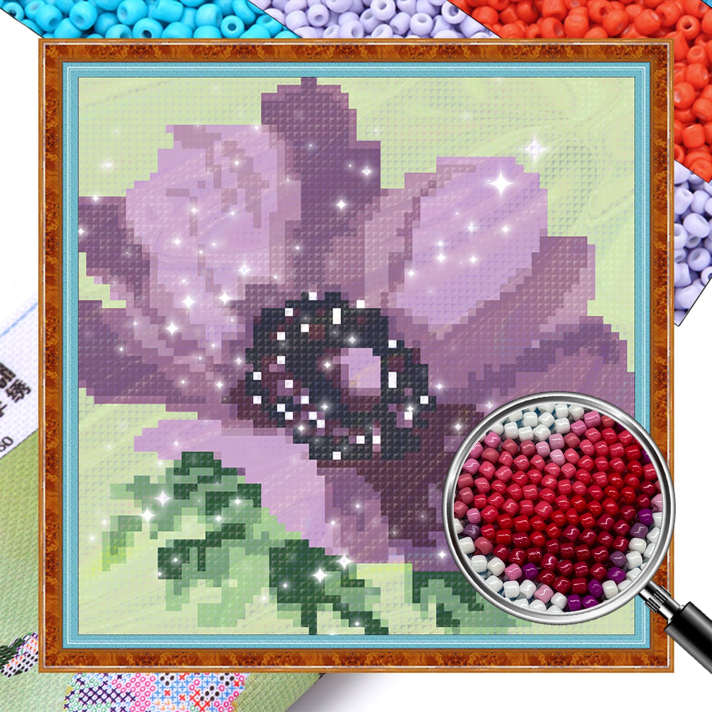 Purple Poppy - Full  9CT Stamped Cross Stitch - Bead Embroidery 20x20CM/7.87x7.87in