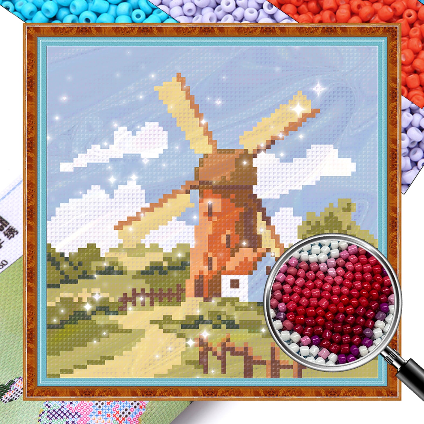 Dutch Windmill - Full  9CT Stamped Cross Stitch - Bead Embroidery 21x21CM/8.27x8.27in