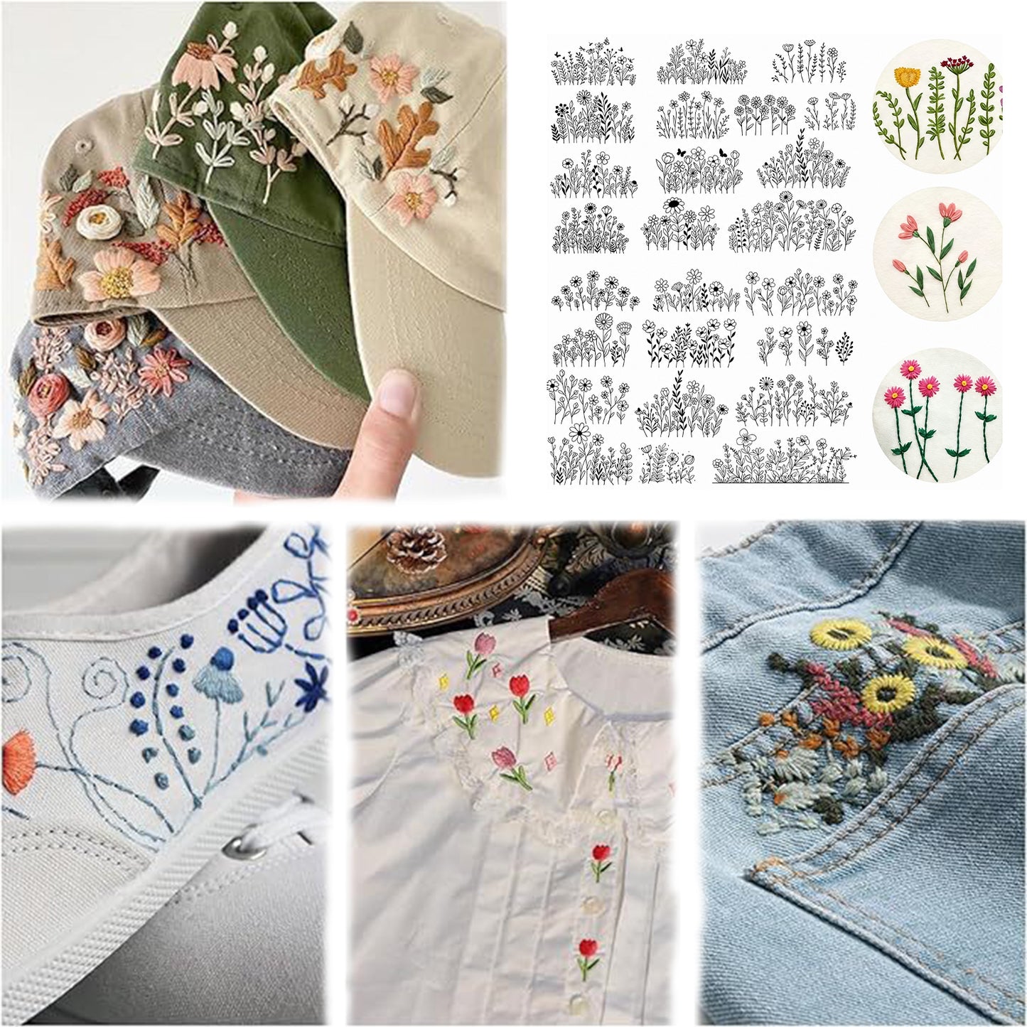 2PCS Flowers DIY Water Soluble Stabilizer Embroidery Paper with Pre-Printed Pattern Stick and Stitch Embroidery Paper Wash Away for Hand Sewing
