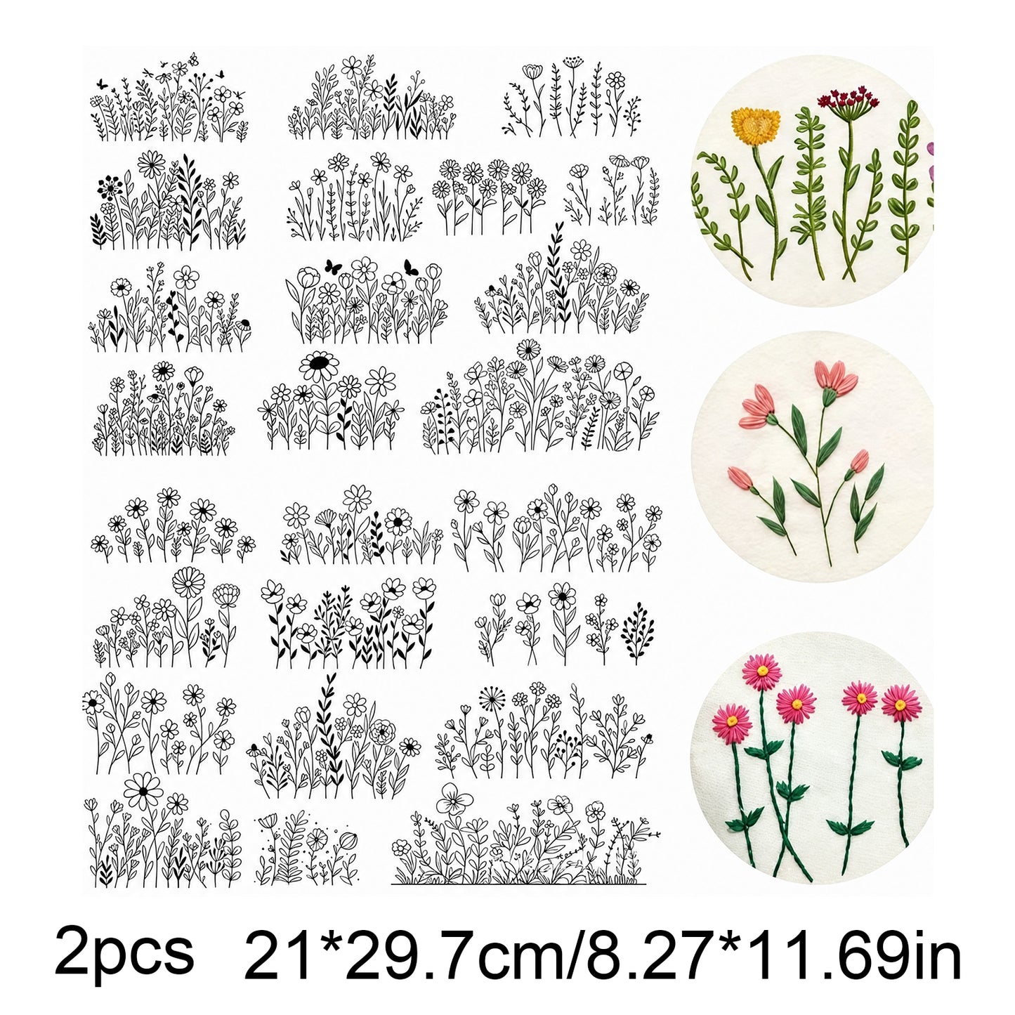 2PCS Flowers DIY Water Soluble Stabilizer Embroidery Paper with Pre-Printed Pattern Stick and Stitch Embroidery Paper Wash Away for Hand Sewing