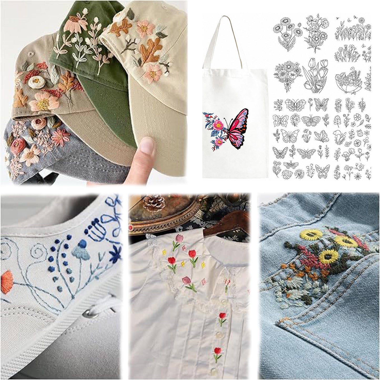 4PCS Minimal Bloom DIY Water Soluble Stabilizer Embroidery Paper with Pre-Printed Pattern Stick and Stitch Embroidery Paper Wash Away for Hand Sewing