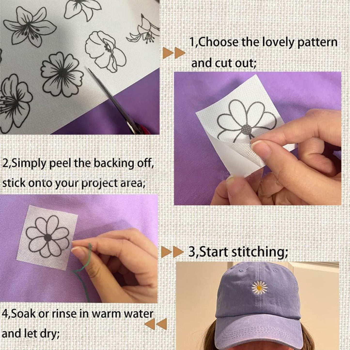 4PCS Minimal Bloom DIY Water Soluble Stabilizer Embroidery Paper with Pre-Printed Pattern Stick and Stitch Embroidery Paper Wash Away for Hand Sewing