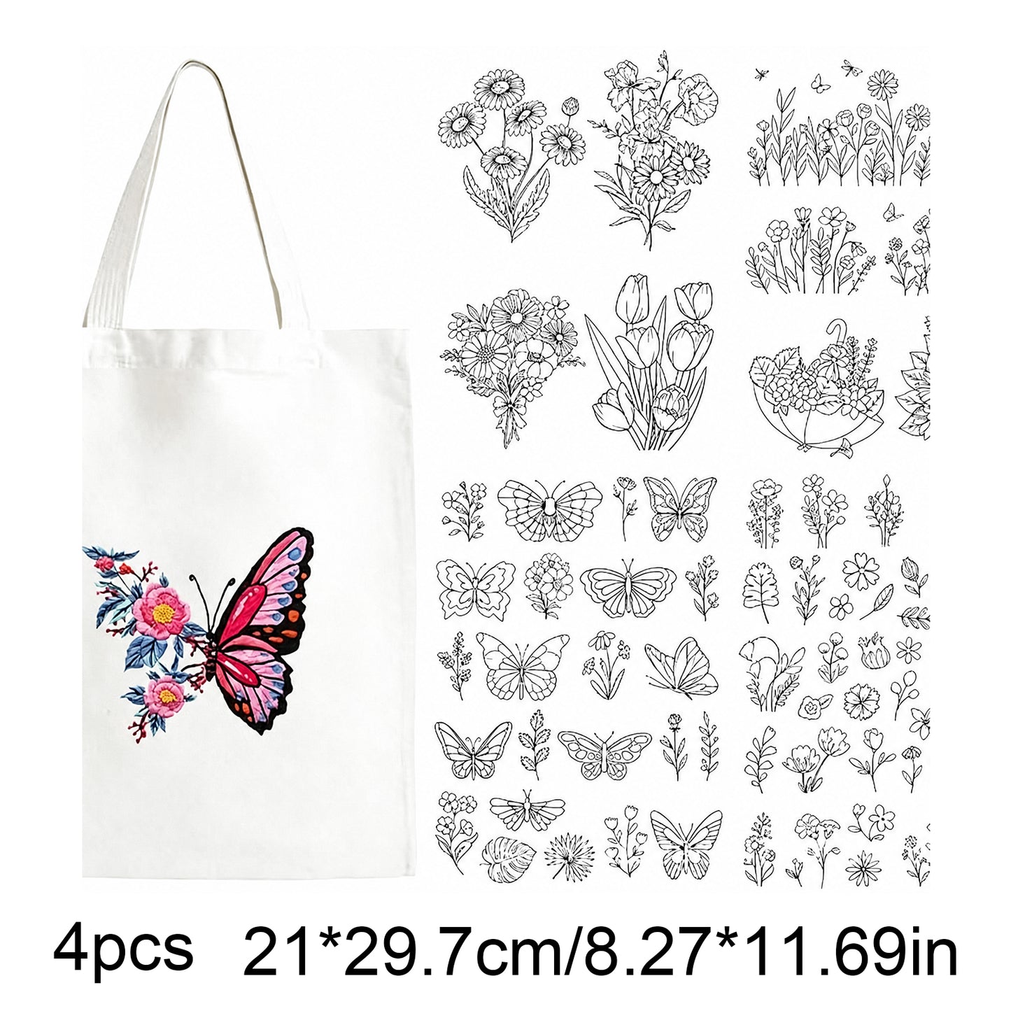 4PCS Minimal Bloom DIY Water Soluble Stabilizer Embroidery Paper with Pre-Printed Pattern Stick and Stitch Embroidery Paper Wash Away for Hand Sewing