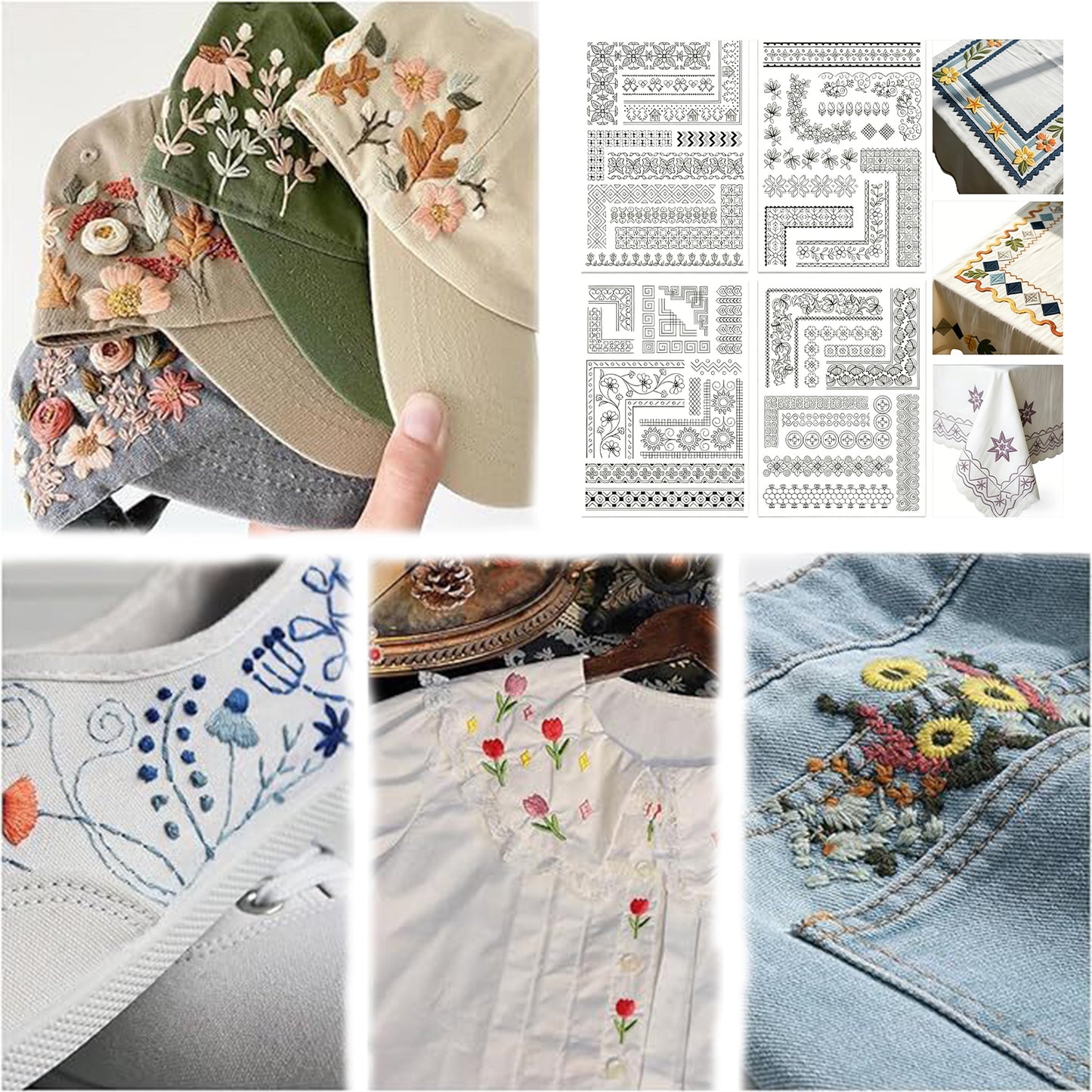 4PCS Patterned Edges DIY Water Soluble Stabilizer Embroidery Paper with Pre-Printed Pattern Stick and Stitch Embroidery Paper Wash Away for Hand Sewing
