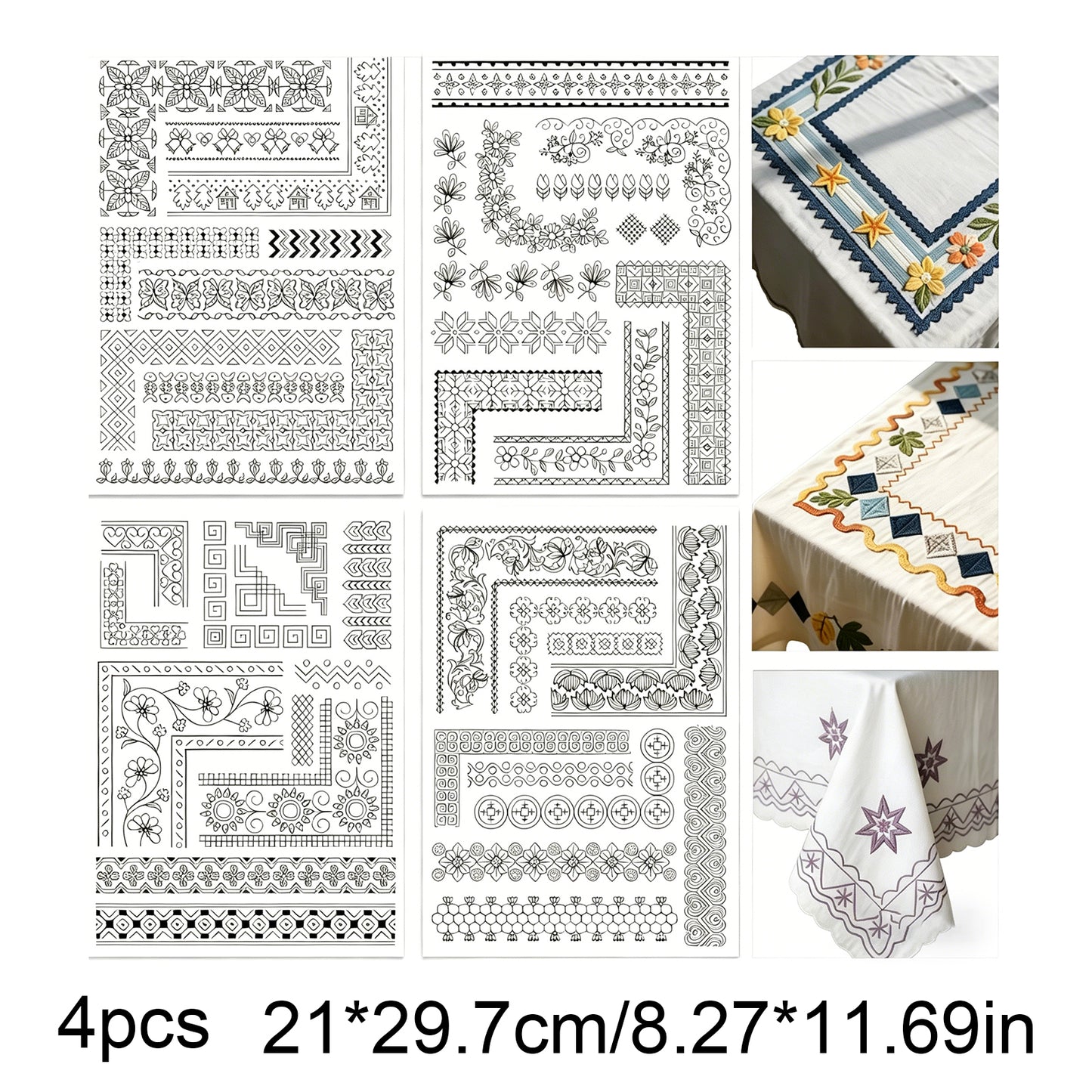 4PCS Patterned Edges DIY Water Soluble Stabilizer Embroidery Paper with Pre-Printed Pattern Stick and Stitch Embroidery Paper Wash Away for Hand Sewing