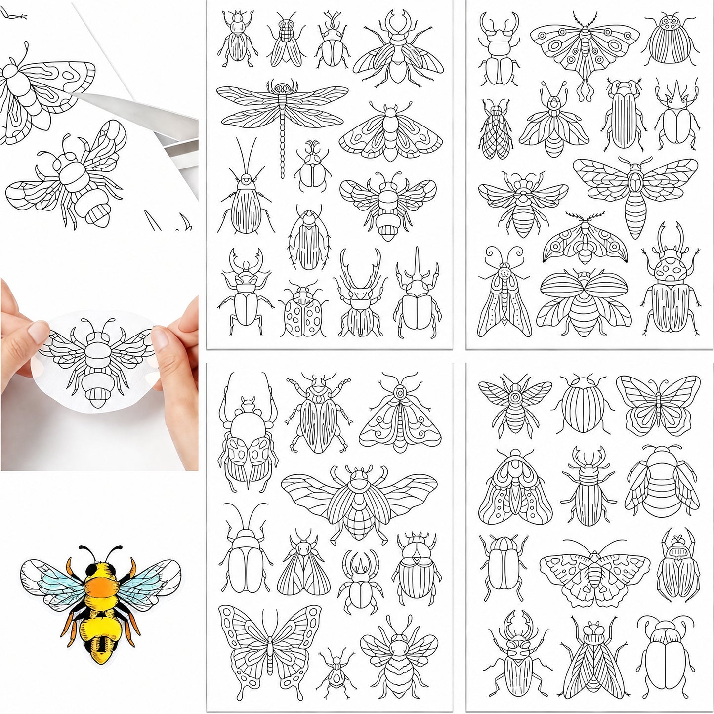 4PCS Beetle DIY Water Soluble Stabilizer Embroidery Paper with Pre-Printed Pattern Stick and Stitch Embroidery Paper Wash Away for Hand Sewing