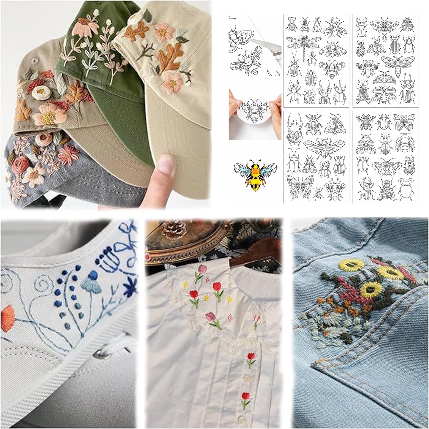 4PCS Beetle DIY Water Soluble Stabilizer Embroidery Paper with Pre-Printed Pattern Stick and Stitch Embroidery Paper Wash Away for Hand Sewing