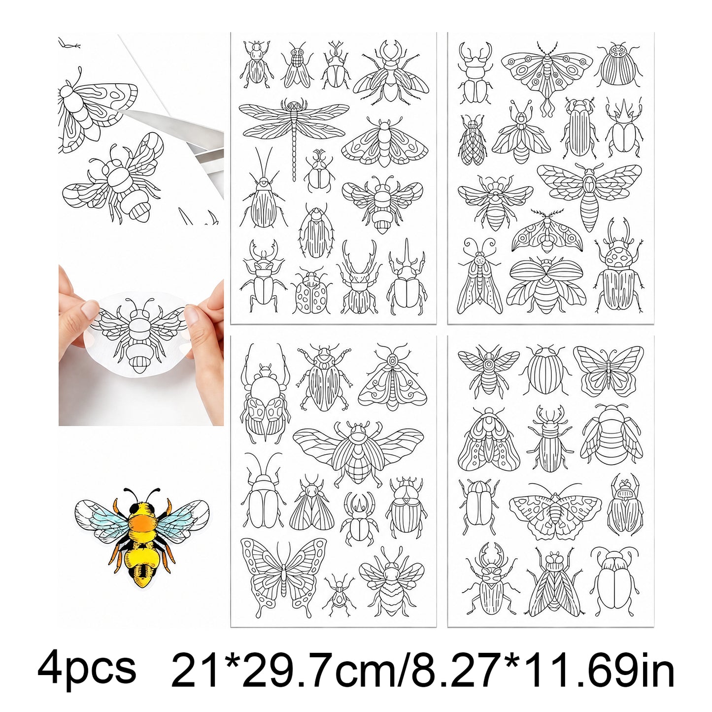 4PCS Beetle DIY Water Soluble Stabilizer Embroidery Paper with Pre-Printed Pattern Stick and Stitch Embroidery Paper Wash Away for Hand Sewing
