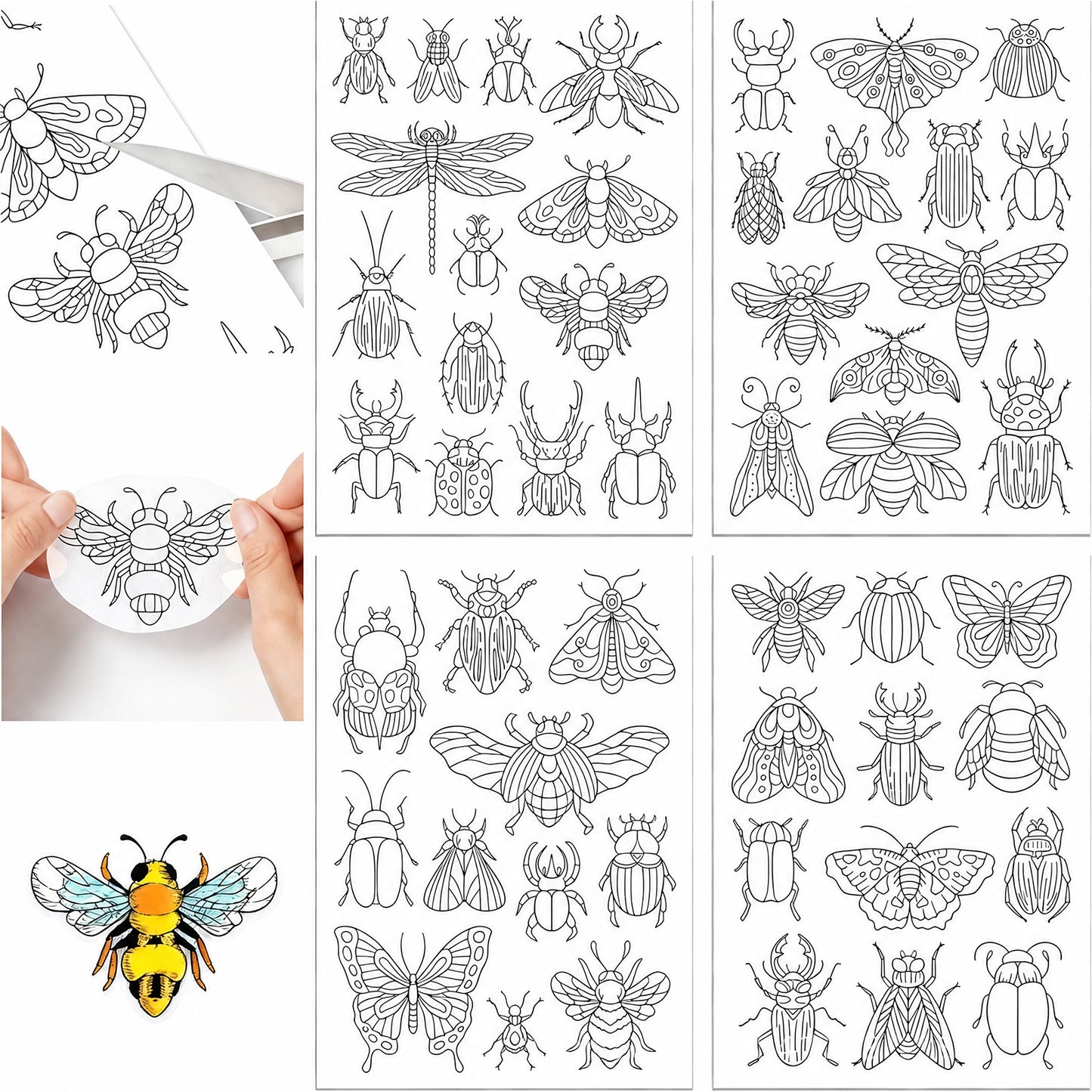 4PCS Beetle DIY Water Soluble Stabilizer Embroidery Paper with Pre-Printed Pattern Stick and Stitch Embroidery Paper Wash Away for Hand Sewing