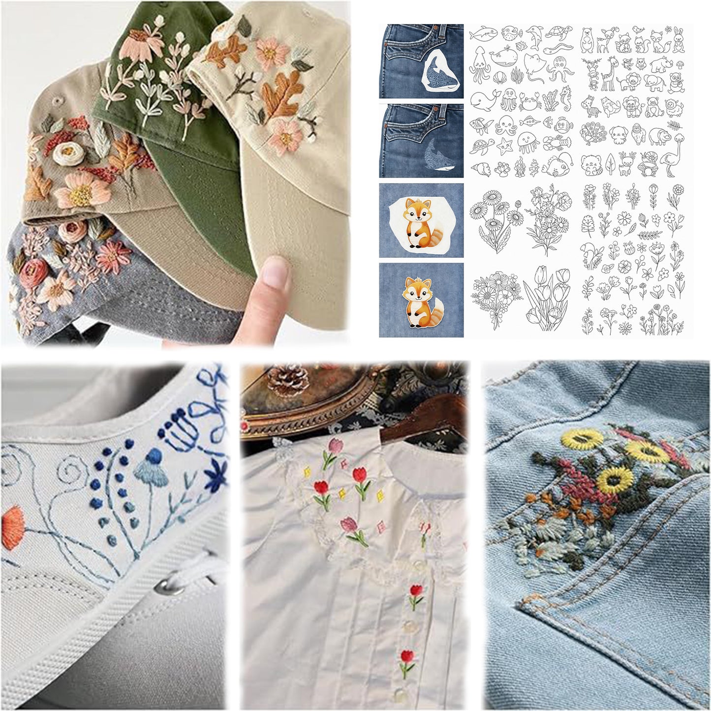 4PCS Sea Critters DIY Water Soluble Stabilizer Embroidery Paper with Pre-Printed Pattern Stick and Stitch Embroidery Paper Wash Away for Hand Sewing