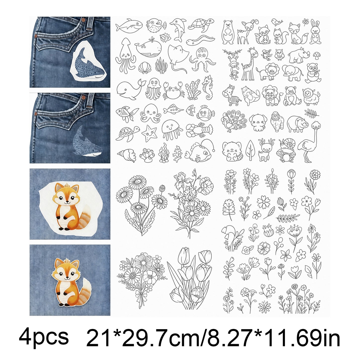 4PCS Sea Critters DIY Water Soluble Stabilizer Embroidery Paper with Pre-Printed Pattern Stick and Stitch Embroidery Paper Wash Away for Hand Sewing
