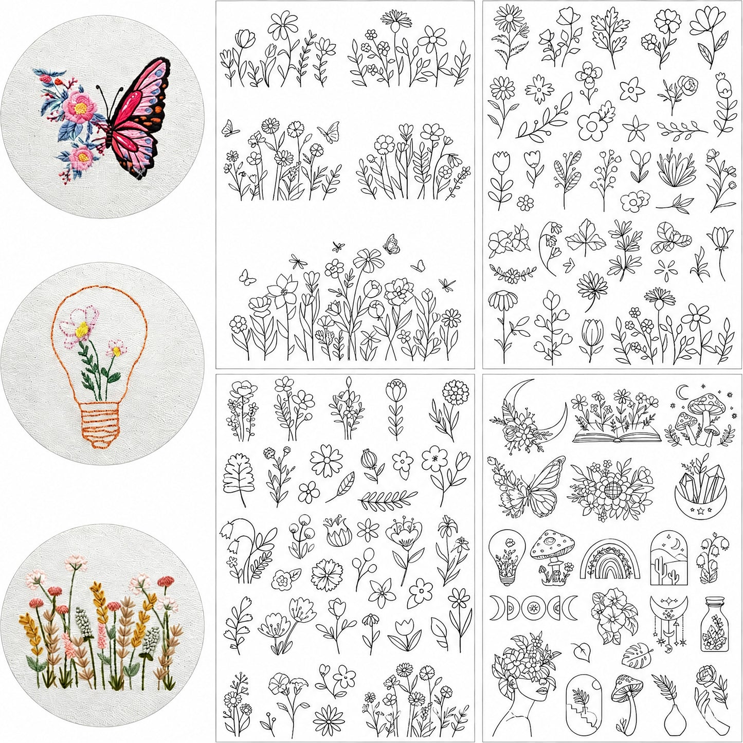 4PCS Tiny Florals DIY Water Soluble Stabilizer Embroidery Paper with Pre-Printed Pattern Stick and Stitch Embroidery Paper Wash Away for Hand Sewing