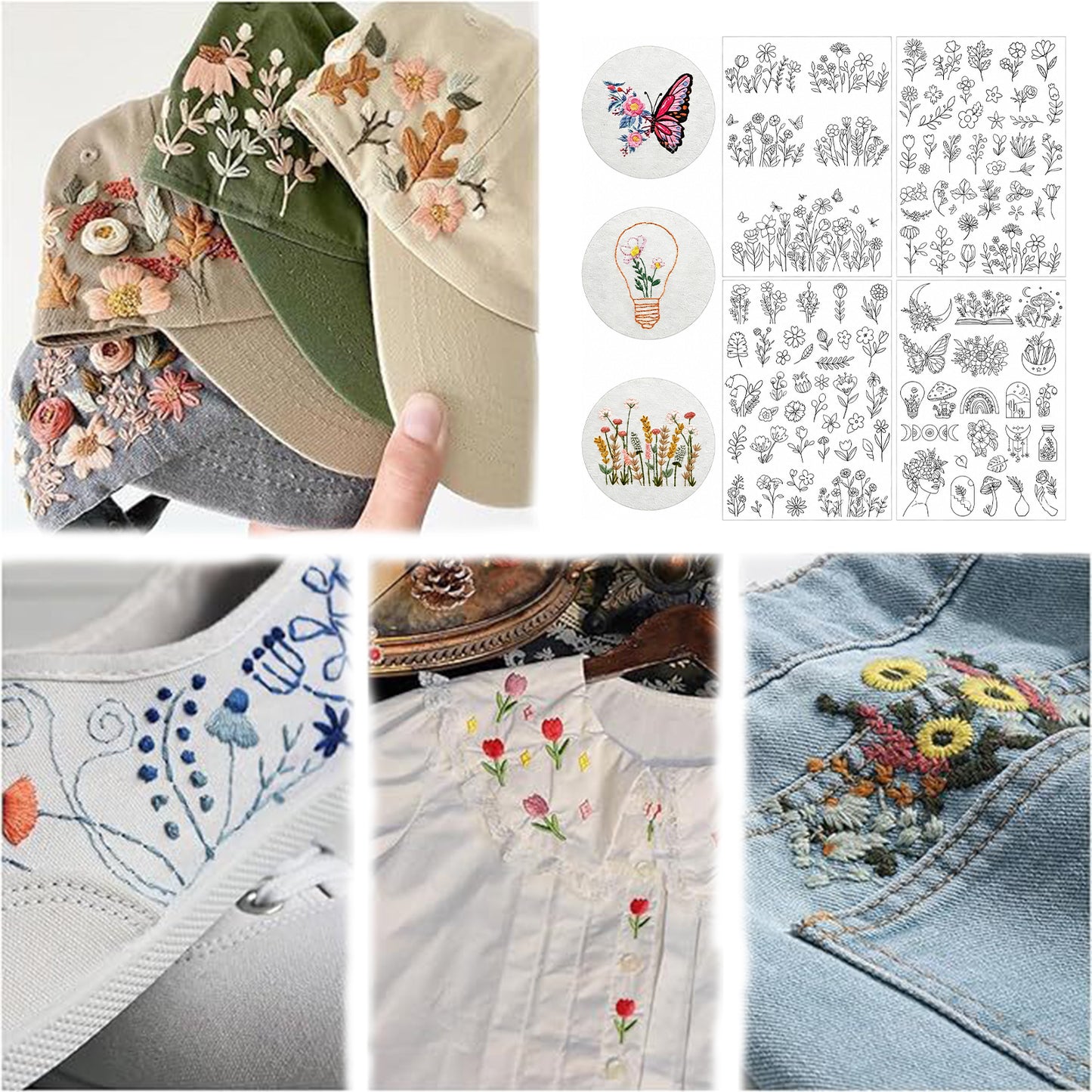 4PCS Tiny Florals DIY Water Soluble Stabilizer Embroidery Paper with Pre-Printed Pattern Stick and Stitch Embroidery Paper Wash Away for Hand Sewing