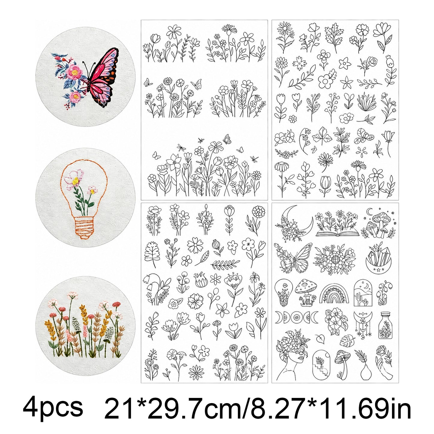 4PCS Tiny Florals DIY Water Soluble Stabilizer Embroidery Paper with Pre-Printed Pattern Stick and Stitch Embroidery Paper Wash Away for Hand Sewing