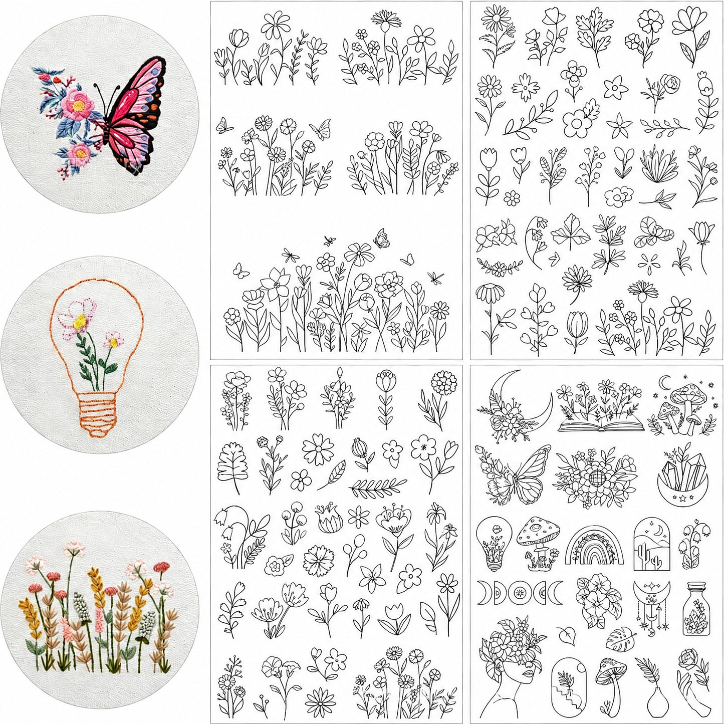 4PCS Tiny Florals DIY Water Soluble Stabilizer Embroidery Paper with Pre-Printed Pattern Stick and Stitch Embroidery Paper Wash Away for Hand Sewing