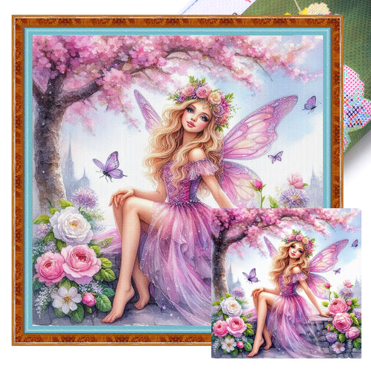 Seated Butterfly Fairy - Full 11CT Stamped Cross Stitch 45x45CM - Huacan