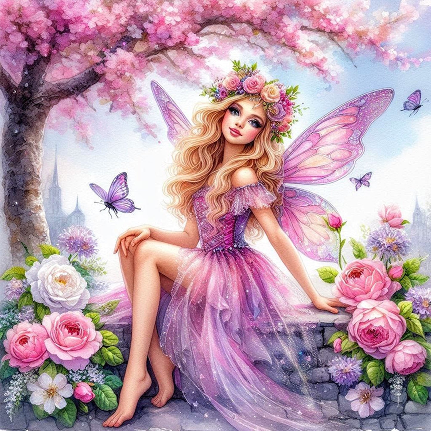 Seated Butterfly Fairy - Full 11CT Stamped Cross Stitch 45x45CM - Huacan